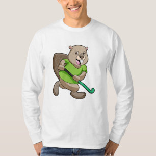 Camiseta castor en hockey con bate de hockey