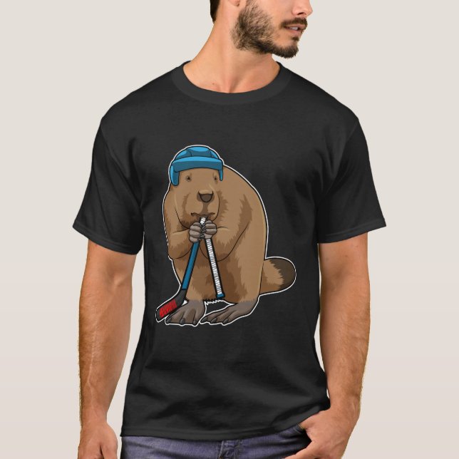 Camiseta castor en hockey sobre hielo con bastón de hockey  (Anverso)