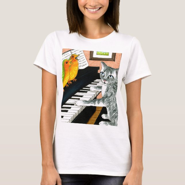 Camiseta Cat 457 playing Piano Birds (Anverso)