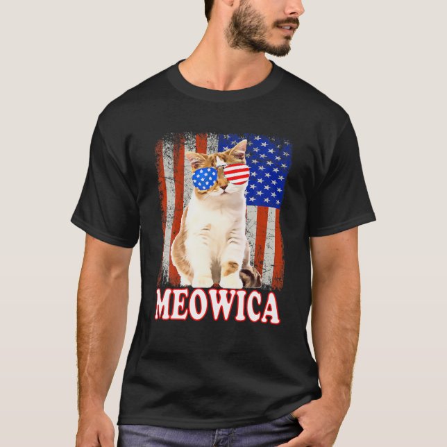 Camiseta Cat 4 De Julio Meowica Merica Bandera Estadouniden (Anverso)