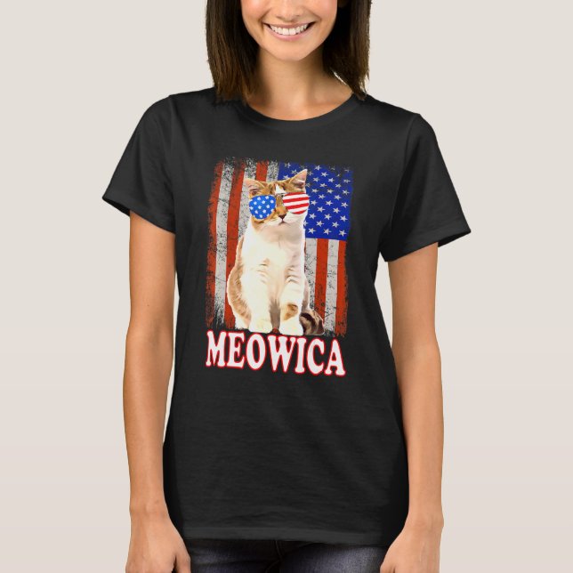 Camiseta Cat 4 De Julio Meowica Merica Bandera Estadouniden (Anverso)