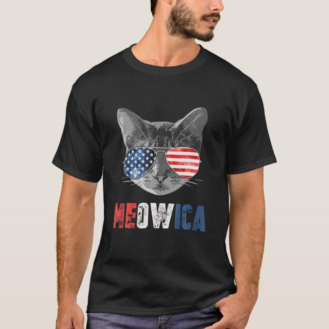 Camiseta Cat 4 De Julio Meowica Merica Hombres Estadouniden (Anverso)