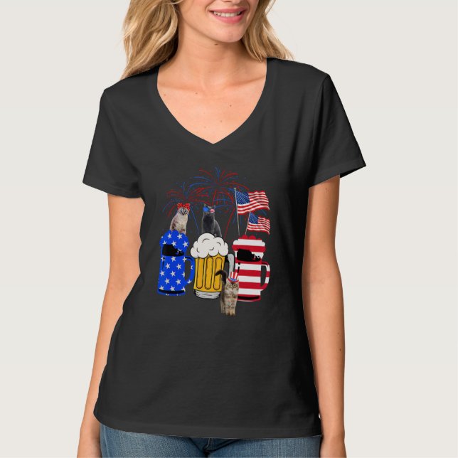 Camiseta Cat 4th Of July Costumes Red White Blue Beer Glass (Anverso)