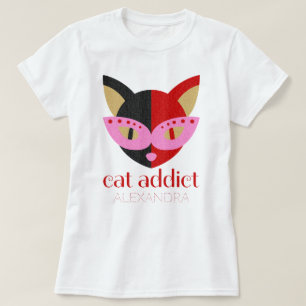 Camiseta Cat Addict Cute Black Red Pink Name Personalizado