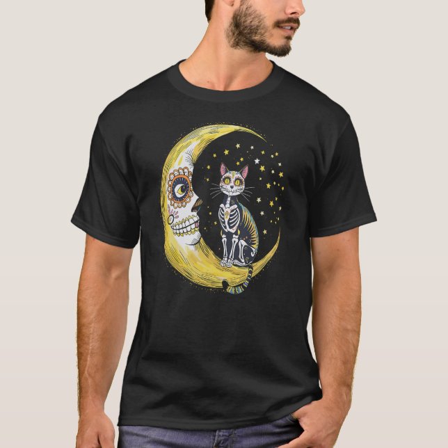 Camiseta Cat And Moon Sugar Skull Dia De Los Muertos Day Of (Anverso)