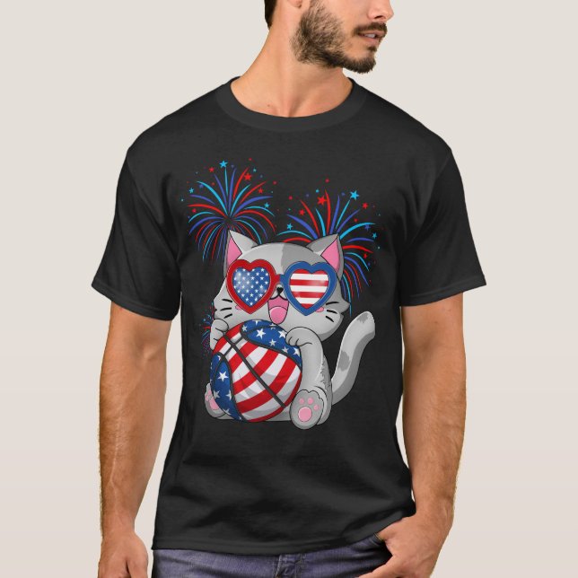 Camiseta Cat Basketball Estados Unidos Bandera Cat 4 De Jul (Anverso)