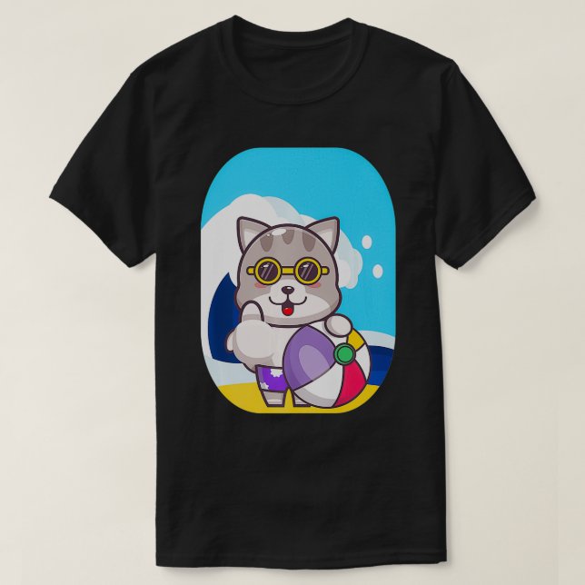Camiseta Cat Beach Ball Sea Waves Tea Anime Neko Chibi (Diseño del anverso)