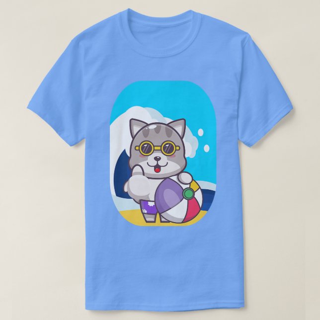 Camiseta Cat Beach Ball Sea Waves Tea Anime Neko Chibi Prem (Diseño del anverso)