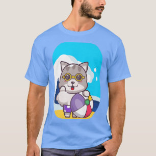 Camiseta Cat Beach Ball Sea Waves Tea Anime Neko Chibi Prem
