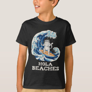 Camiseta Cat Beis Funny Japanese Hola Cat Surfing