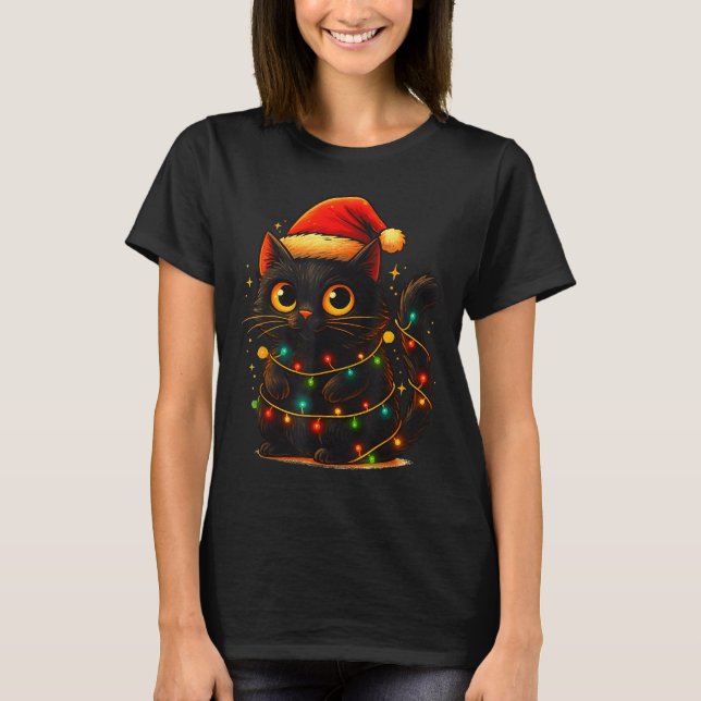 Camiseta Cat Black Christmas Tree Lights Funny Santa Kitten (Anverso)