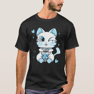 Camiseta Cat Boba Tea Kawaii Kitty Bebe Blue Bubble Tea