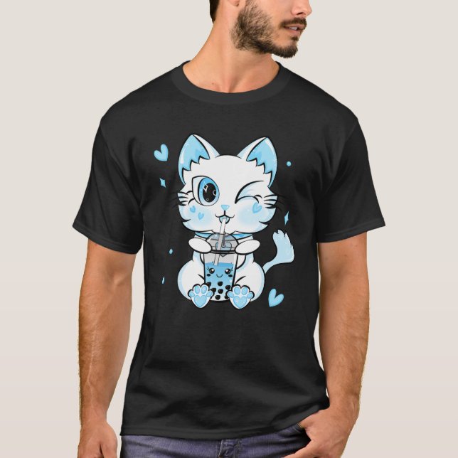 Camiseta Cat Boba Tea Kawaii Kitty Bebe Blue Bubble Tea (Anverso)