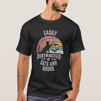 Camiseta Cat Book Retro Easily Distracted by Cats And Books