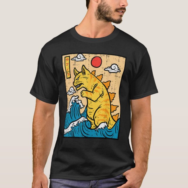 Camiseta Cat Catzilla Funny Japanese Wave Art Men Women Kid (Anverso)