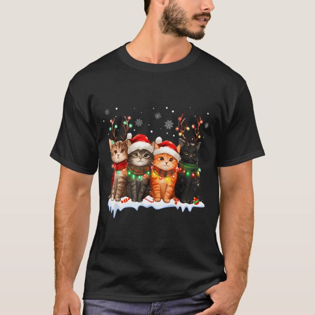Camiseta Cat Christmas Light Reindeer Santa Christmas Cat L (Anverso)