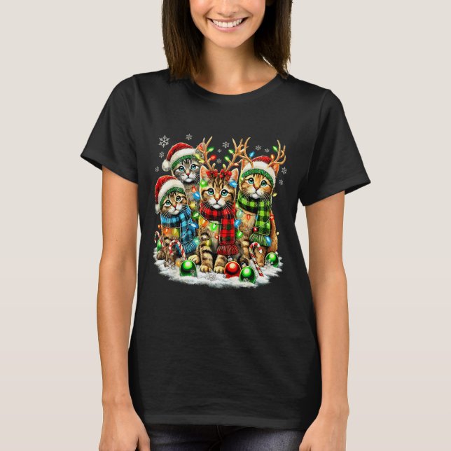 Camiseta Cat Christmas Light Reindeer Santa Christmas Cats  (Anverso)