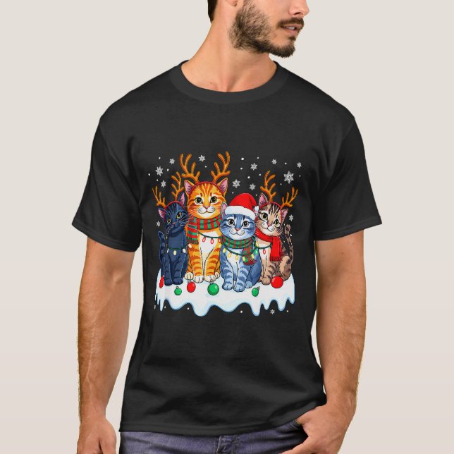 Camiseta Cat Christmas Light Reindeer Santa Christmas Funny (Anverso)