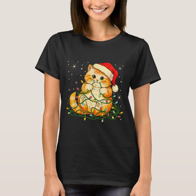 Camiseta Cat Christmas Lights Santa Hat Xmas Cats Lover Pet (Anverso)