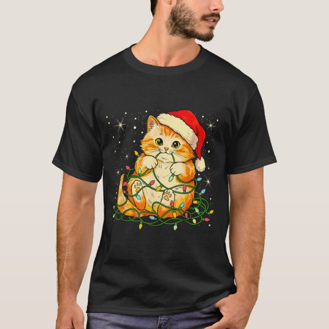Camiseta Cat Christmas Lights Santa Hat Xmas Cats Lover Pet (Anverso)