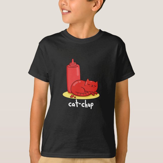 Camiseta Cat-chup Graciosa Red Ketchup Cat Pun Dark BG (Anverso)