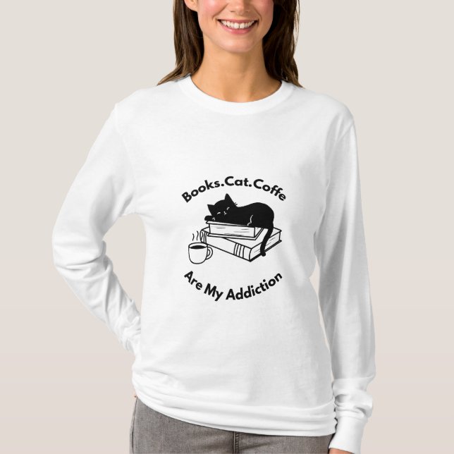 Camiseta Cat Coffee Book Lover T-Shirt, Cozy Reader Aesthet (Anverso)