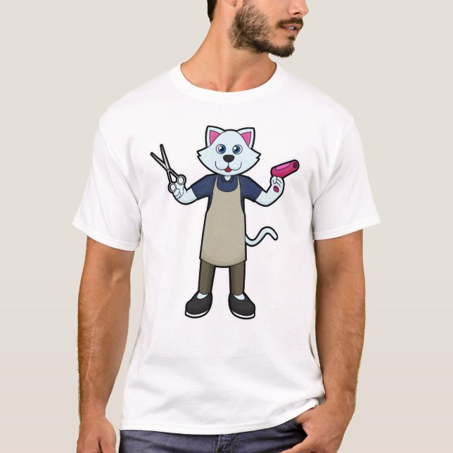 Camiseta Cat como peluquero con tijeras y secador de pelo (Anverso)