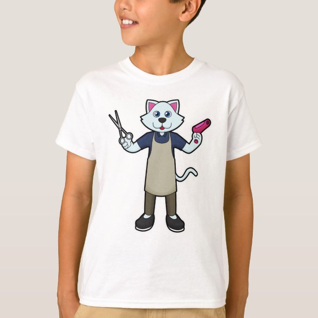Camiseta Cat como peluquero con tijeras y secador de pelo (Anverso)