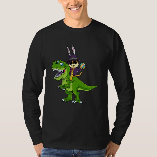 Camiseta Cat Easter Bunny Riding Dino Trex Egg Hunt Dinosau (Anverso)