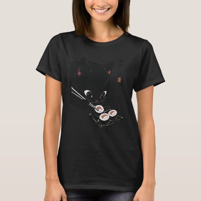 Camiseta Cat Eating Sushi Funny Japanese Kawaii Cat Anime L (Anverso)