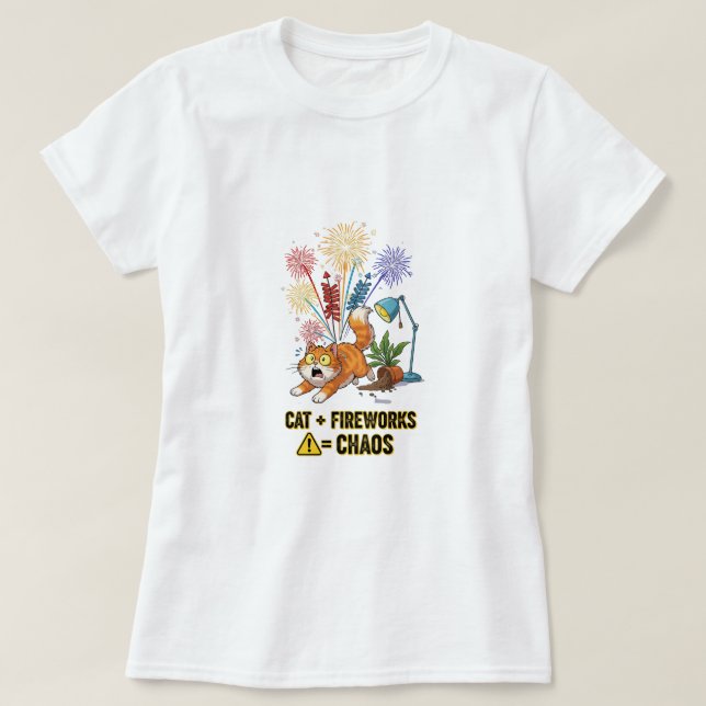 Camiseta Cat + Fuegos artificiales = Caos - Graciosa camise (Diseño del anverso)