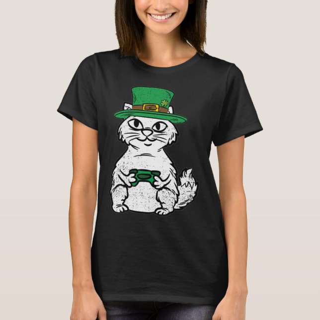 Camiseta Cat Gamer St Patricks Day Funny Video-game Control (Anverso)