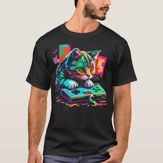 Camiseta Cat Gaming 8-bit Gaming Cat Pixel Art Gamer Kitten (Anverso)