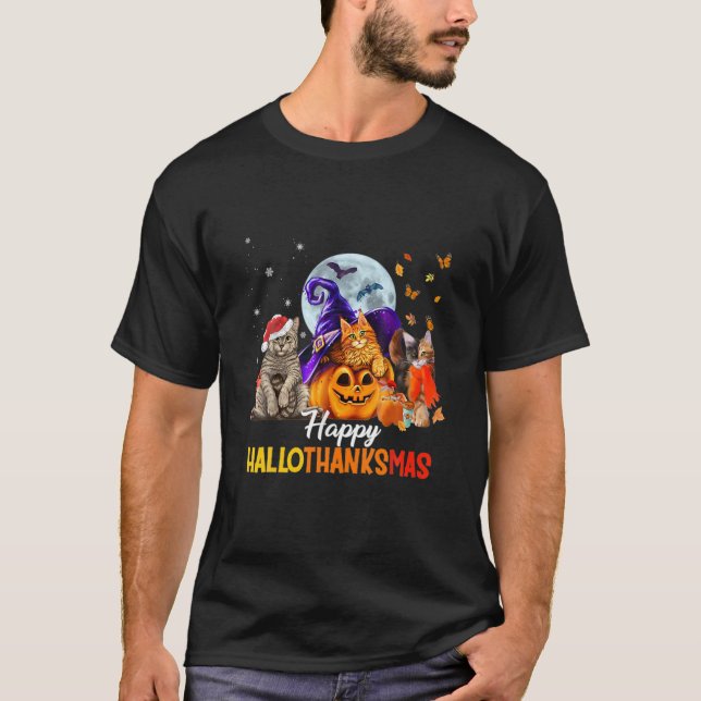 Camiseta Cat Halloween Y Feliz Navidad Feliz Hallogracias (Anverso)
