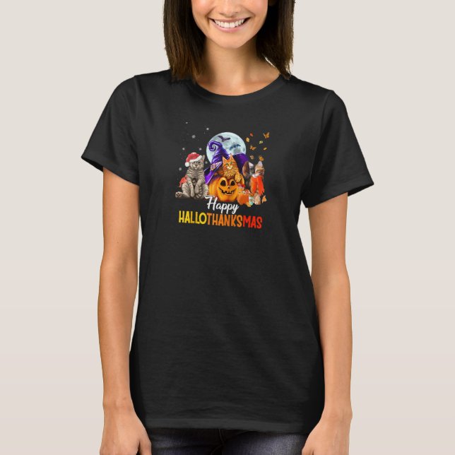 Camiseta Cat Halloween Y Feliz Navidad Feliz Hallogracias (Anverso)