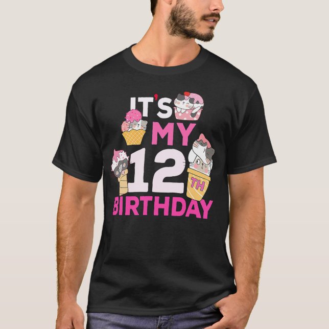 Camiseta Cat Ice Cream Its My 12th Birthday 12 Year Old Gif (Anverso)