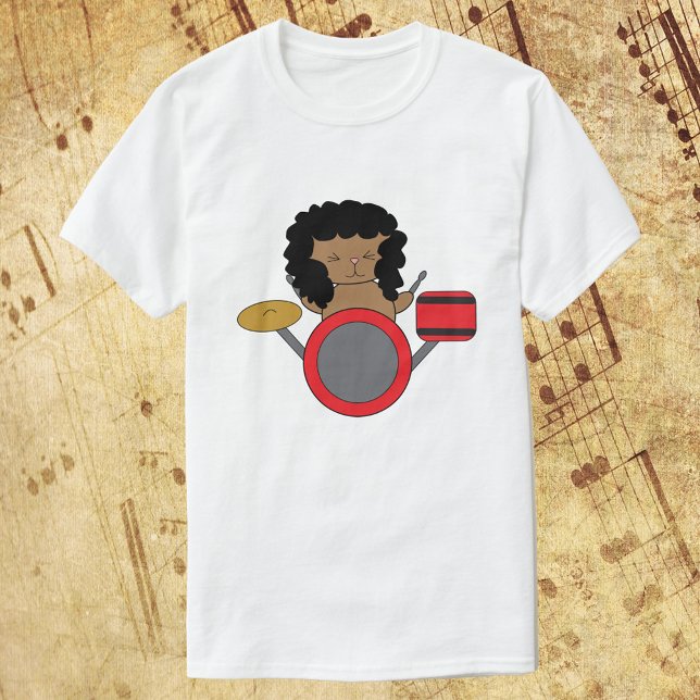 Camiseta Cat Kawaii Drummer Banda Metalizado de pelo (A fun shirt with a kawaii cat playing drums while dressed like a metal hair band rocker!)