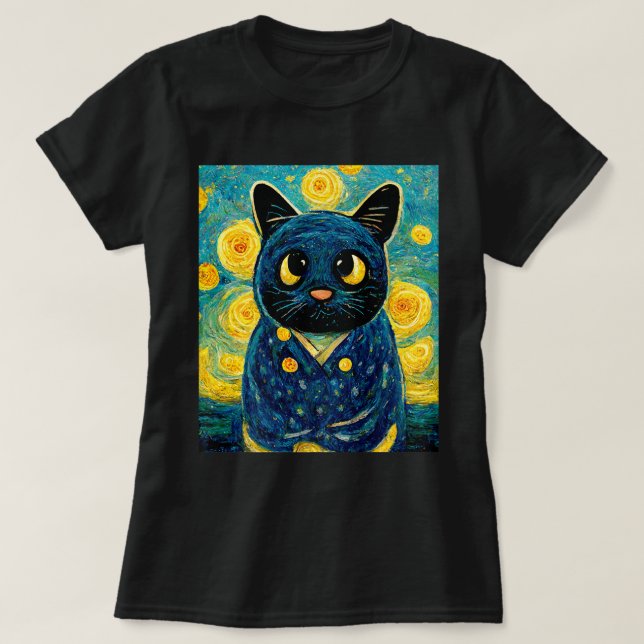 Camiseta Cat Kawaii Van Gogh Starry Night Cat Mom Dad C (Diseño del anverso)
