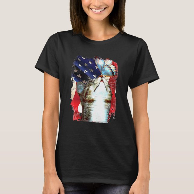 Camiseta Cat Kitten Butterfly Bandera Estadounidense 4 de J (Anverso)