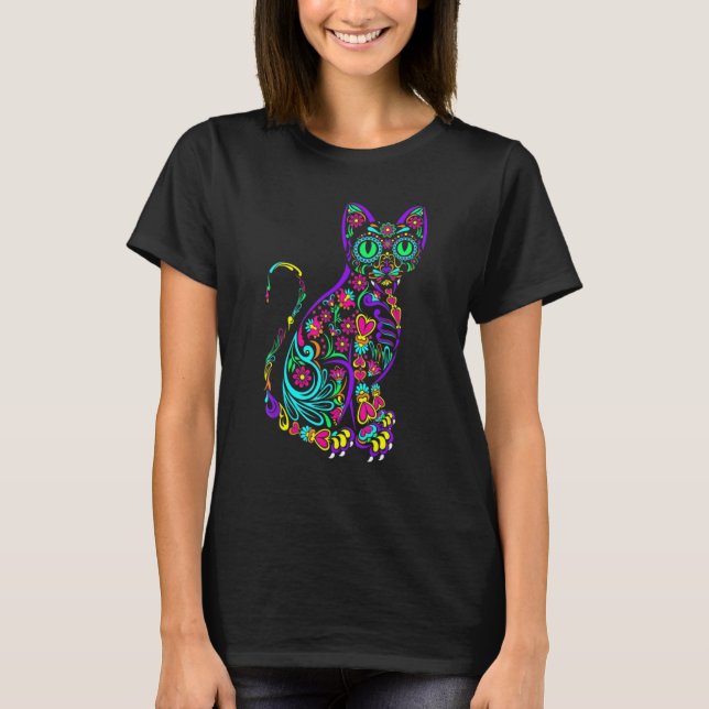 Camiseta Cat Kitty Kitten Paws Sugar Skull Calavera Hallowe (Anverso)