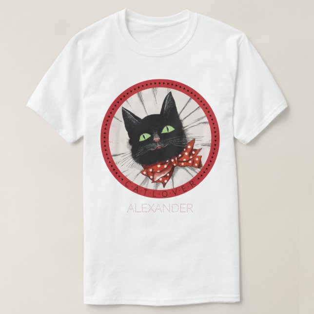 Camiseta Cat Lover Bow Tie Black Red Green Name Personaliza (Diseño del anverso)