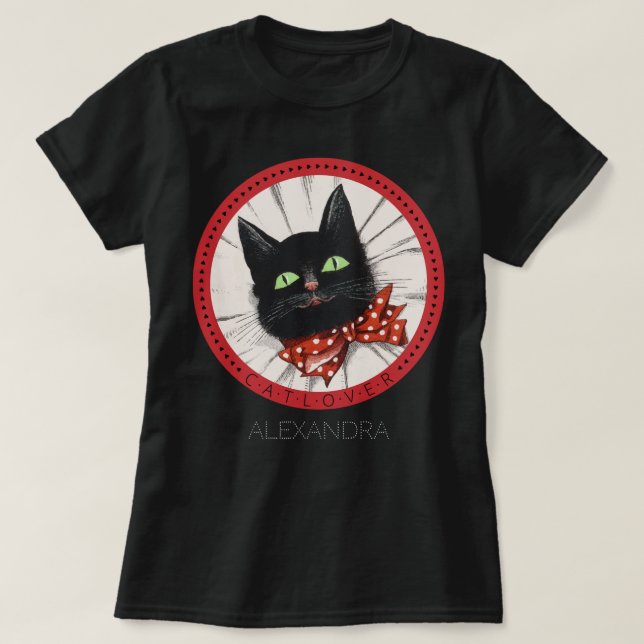 Camiseta Cat Lover Bow Tie Red Black Green Custom Name (Diseño del anverso)