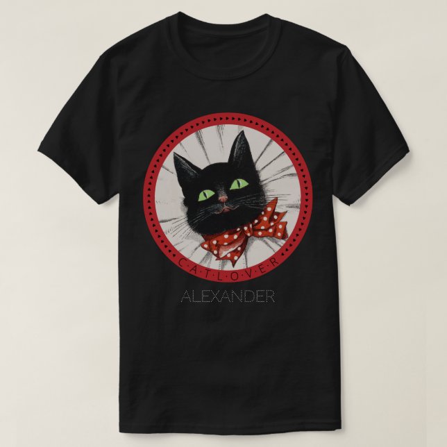 Camiseta Cat Lover Bow Tie Red Black Green Nombre personali (Diseño del anverso)