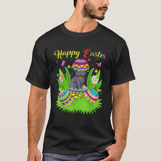 Camiseta Cat Lover Floral Easter Egg Funny Russian Blue Cat (Anverso)