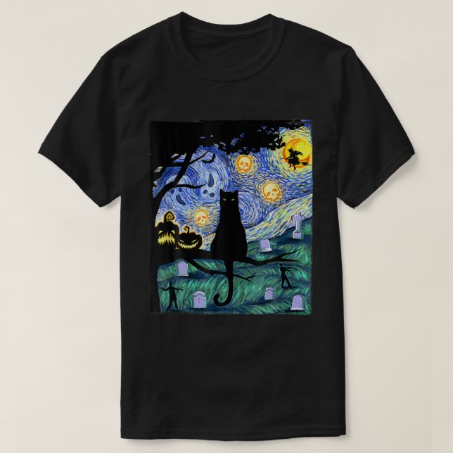 Camiseta Cat Lover Scary Night Cat Ee Van Gogh Cat Hallowee (Diseño del anverso)