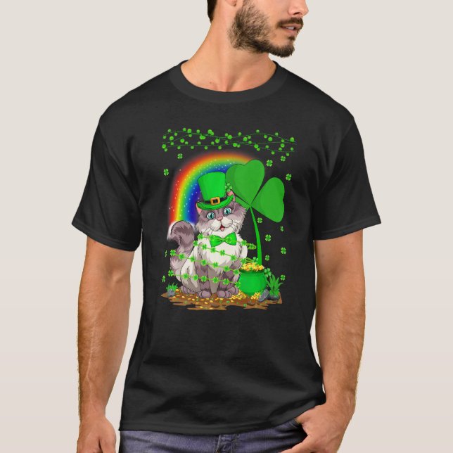 Camiseta Cat Lover Shamrock Leaf Rainbow Cat St Patrick S D (Anverso)