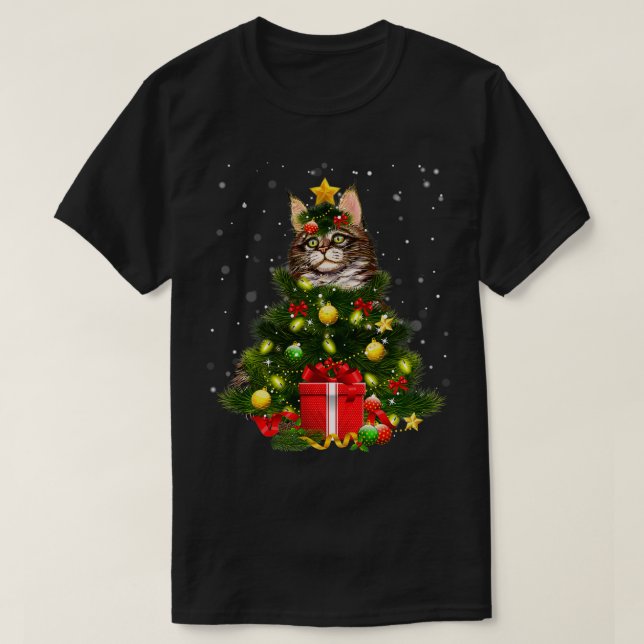 Camiseta Cat Maine Coon Cat Xmas Tree enciende a Gato Lover (Diseño del anverso)
