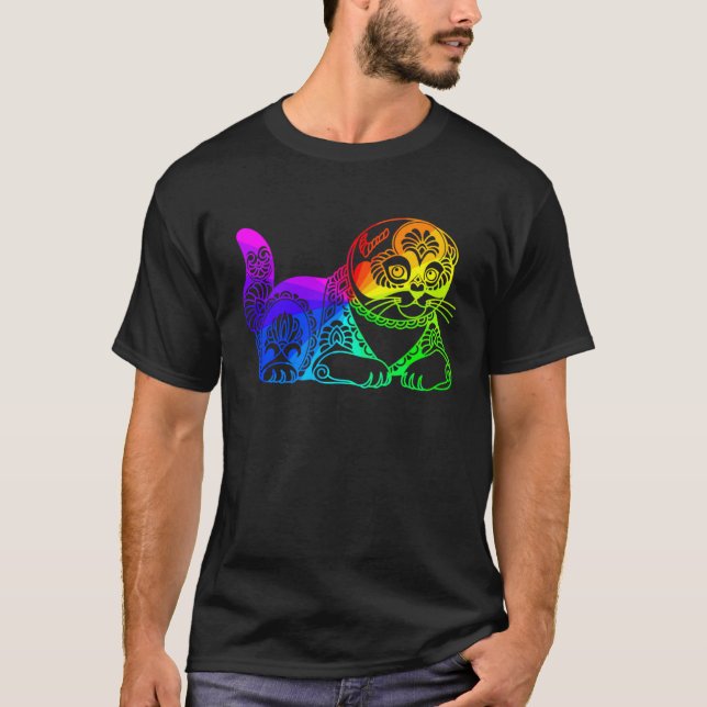 Camiseta Cat Mandala Rainbow Kitty Geometric Yoga Meditatio (Anverso)