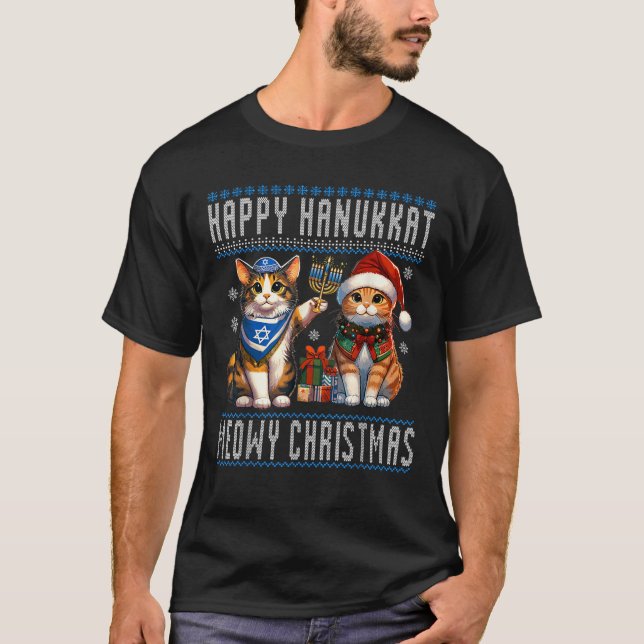 Camiseta Cat Merry Christmas Happy Hanukkah Jewish Christia (Anverso)