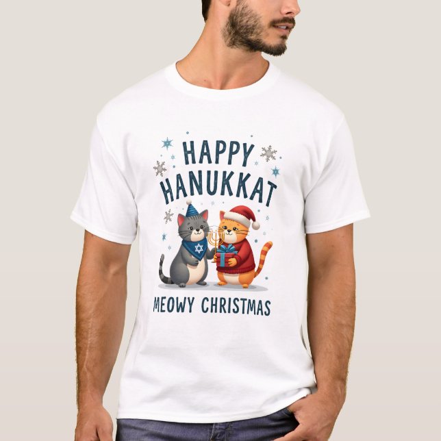 Camiseta Cat Merry Christmas Happy Hanukkah Jewish Christia (Anverso)